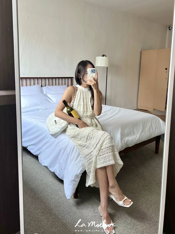 削肩蕾絲綁帶洋裝